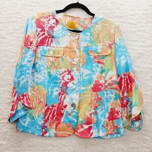 Jacket Women Bold Watercolor Patchwork Resort Boho Lagenlook MOP Buttons Size 12